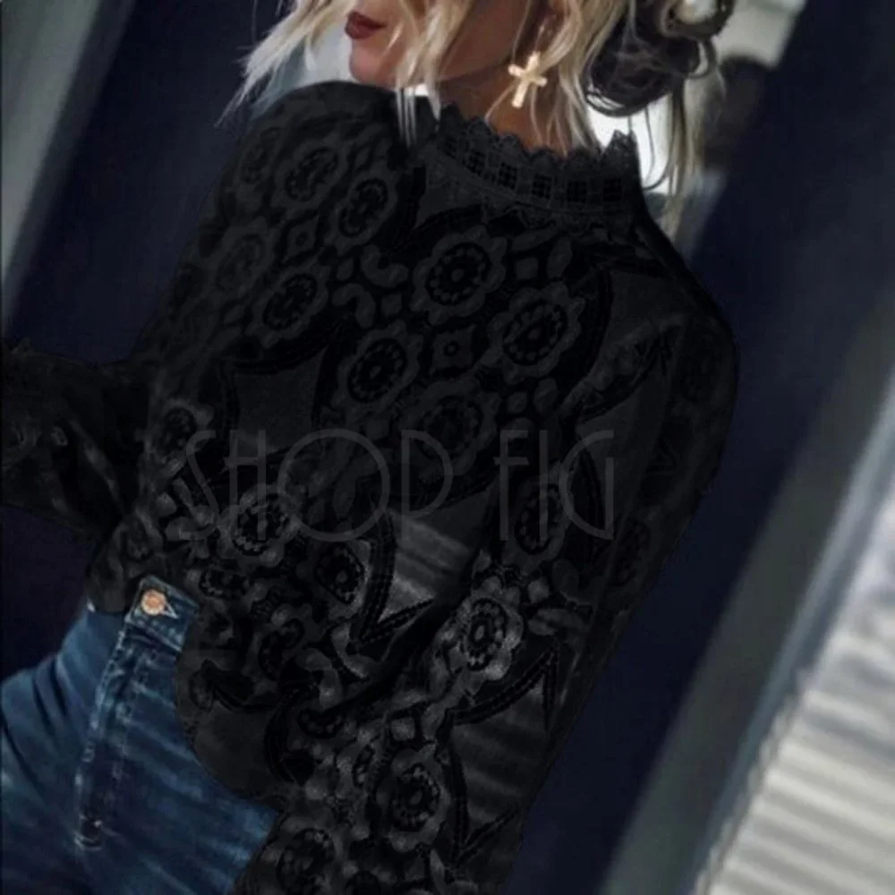 New Bohemian Black Lace Long Sleeve Blouse